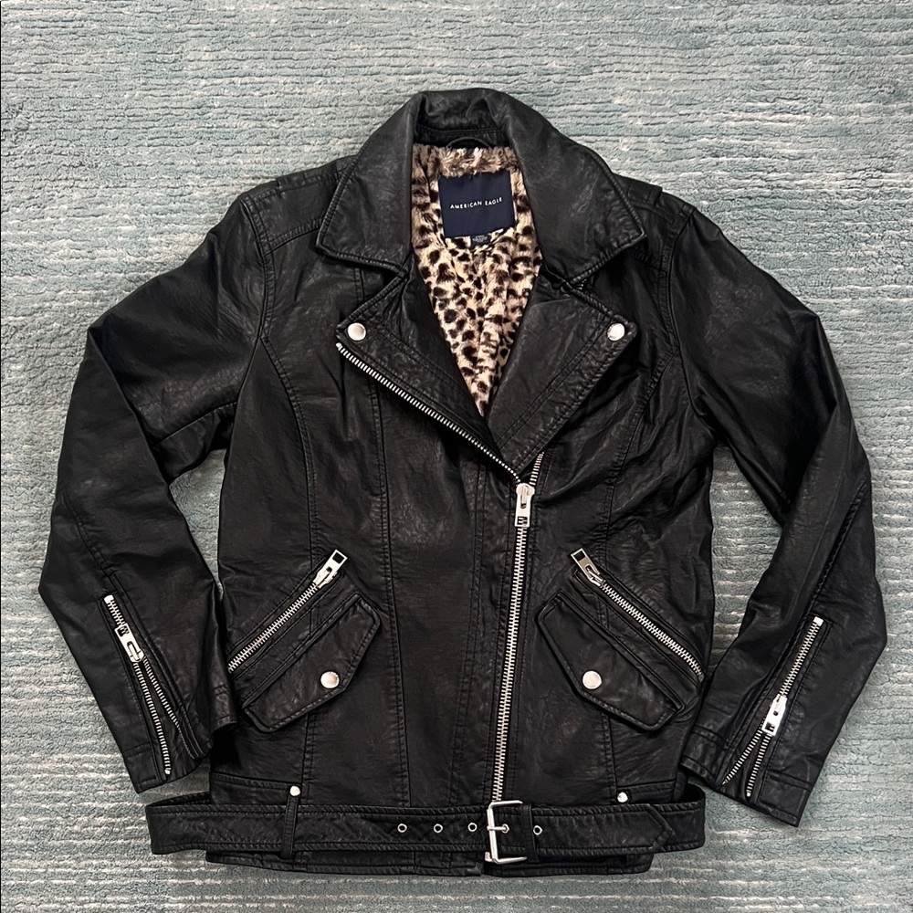 American Eagle Outfitters Black Leather Jacket with Animal Print Lining